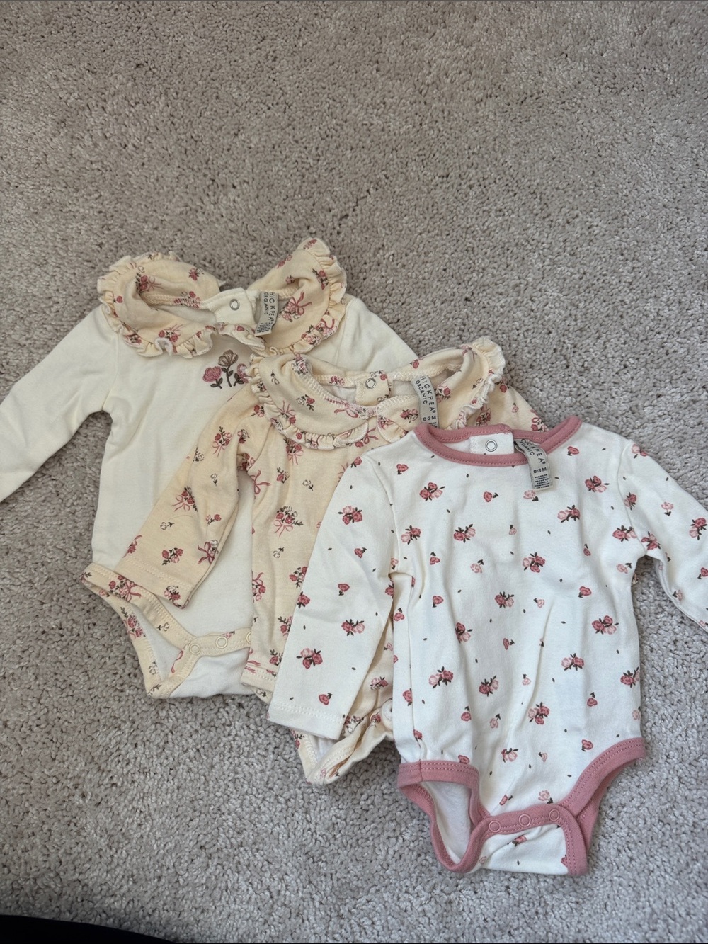 chick pea Floral Ruffle Bodysuits Trio - Cream & Pink